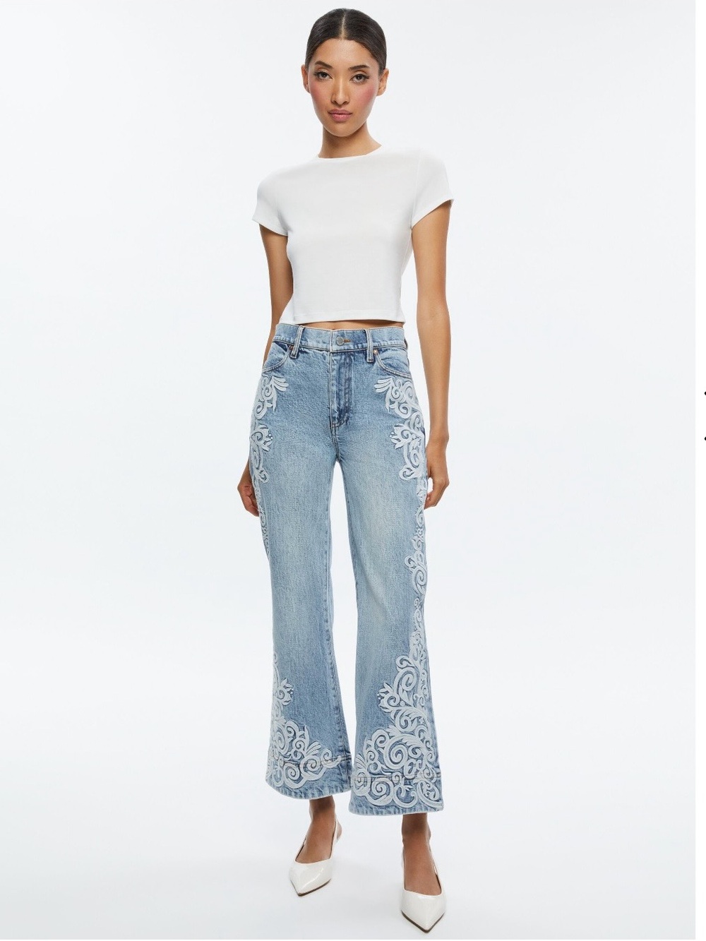 Alice + Olivia Embroidered Flare Jeans in Rockstar Blue size 28. - Picture 3 of 5
